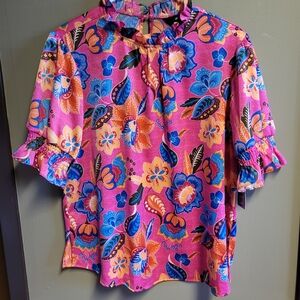 Ali Miles Pink Floral Blouse with Blue and Orange Accents